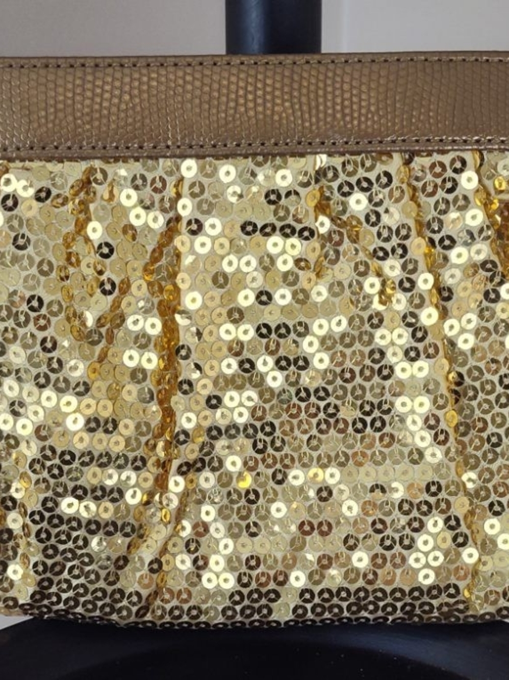 Liz Claiborne Gold Sequin Clutch with Tan Trim